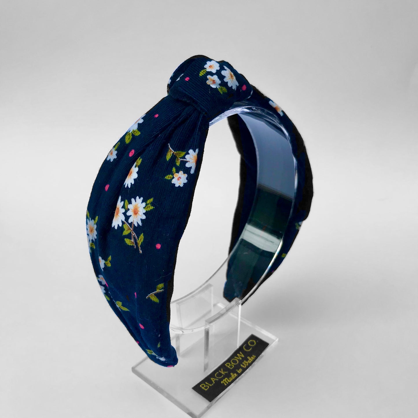 Navy blue Daisy print needlecord knotted headband 