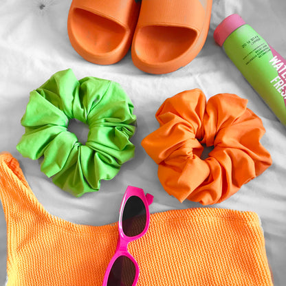 neon orange and neon green hair scrunchie and beach accessories